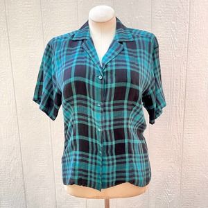 Calvin Klein Teal and Black Plaid Blouse